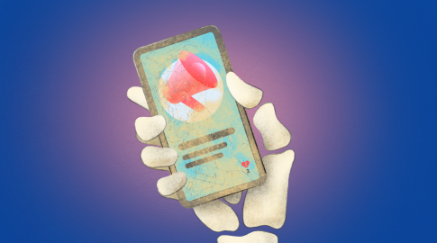 Illustration of a skeletal hand holding a cracked smartphone displaying a megaphone icon and three lines of text, with a broken heart icon showing the number three, set against a blue and purple gradient background.