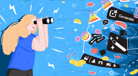 Illustration of a person with long blonde hair and a blue shirt looking through binoculars toward a swirling mix of colorful digital icons, abstract shapes, and creative elements on a blue background, suggesting exploration and creativity in digital or AI tools.