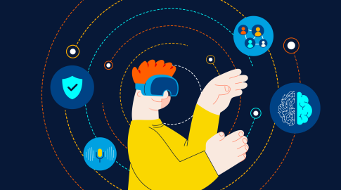 Illustration of a person with red hair wearing virtual reality goggles and a yellow shirt, surrounded by circular digital icons representing cybersecurity, voice recognition, group collaboration, and artificial intelligence, on a dark background with colorful dotted lines radiating outward.