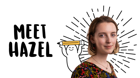A young woman with a short bob haircut and floral top is smiling slightly. To the left, large text reads “MEET HAZEL.” Behind her is an illustrated character holding a large pencil above its head, surrounded by radiating black lines. The background is white.