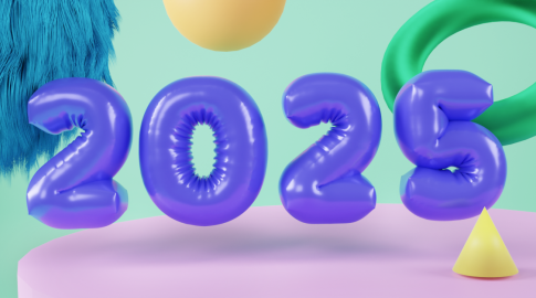 The numbers "2025" appear as shiny, inflated, purple balloon-like figures on a pastel background with abstract 3D shapes, including a fuzzy blue texture, a yellow sphere, a green ring, and a yellow cone.