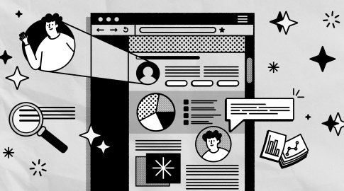 Black and white illustration of a stylized web interface containing charts, user profiles, a speech bubble, and data elements, surrounded by icons like a magnifying glass, graphs, and stars, suggesting analysis and customer relationship management.