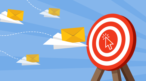 Illustration of yellow envelopes on paper airplanes flying toward a large red and white target with a computer mouse cursor symbol in the center.