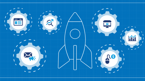 Blueprint-style graphic with a central outline of a rocket surrounded by six gears, each containing icons representing marketing and business tools: a webpage, growth analytics, online store, bar chart, email marketing, and online payments.
