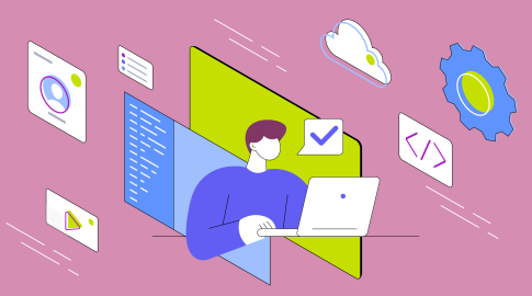 Illustration of a person using a laptop, surrounded by floating icons related to technology including a cloud, a gear, programming code, a checkmark, user profile, and media symbols, set against a pink background.