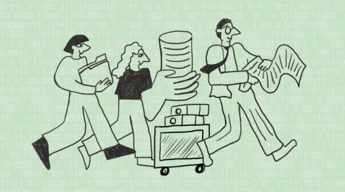 Cartoon-style drawing of three people carrying and pushing files, documents, and a cart, with a large hand holding a stack of disks in the background, symbolizing data backup. Binary code is faintly visible in the background.