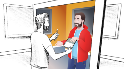 Illustration of a man in a red jacket standing at a doorway, holding a tablet, while another man hands him a pen to sign. The background and the second man are sketched in black and white, while the man in the red jacket is in full color.