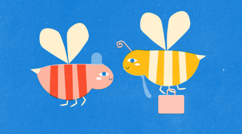 Two cartoon bees face each other on a blue background; the bee on the left is red with stripes, while the bee on the right is yellow with stripes and carries a pink briefcase.