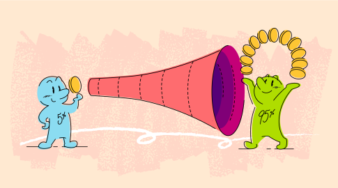A blue character labeled "5%" inserts a coin into a large funnel, which multiplies and dispenses many coins to a green character labeled "95%," who celebrates with arms raised.