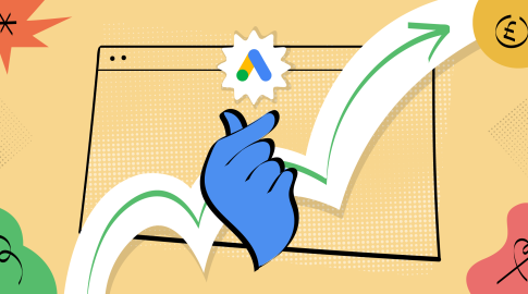 Illustration of a blue hand making a finger heart gesture in front of a web browser window, with the Google Ads logo above and a green upward arrow curving toward a gold pound currency symbol, surrounded by colorful abstract shapes.