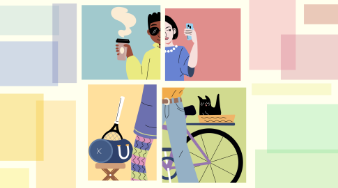 Colorful illustration divided into four quadrants: top left shows a person with dark hair and sunglasses holding a coffee cup; top right shows a person with short dark hair and a necklace holding a smartphone; bottom left shows a tennis bag and racket with a person's colorful zigzag tights; bottom right shows a person in jeans standing beside a bicycle with a black cat in a basket. The background features pastel rectangles.