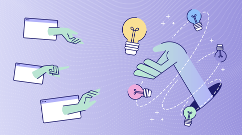 Illustration of hands emerging from web browser windows, interacting with colorful light bulbs representing ideas. The background is light purple with dotted wave patterns and white sparkles.