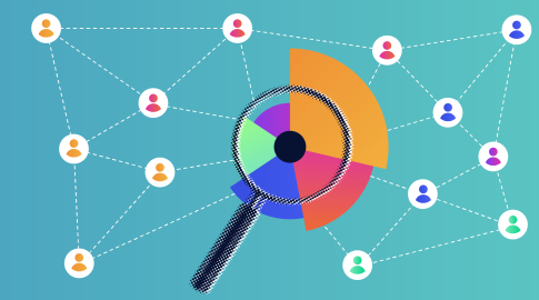 Illustration of a network of connected people icons, grouped by color, with a pie chart and magnifying glass symbolizing analysis and strategy on a blue gradient background.