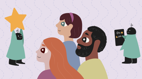 Illustration of three diverse people with star-shaped pupils gazing upward, alongside two smiling cartoon figures in teal robes—one holding a large yellow star, the other presenting a black board with star drawings—against a light background with wavy lines.