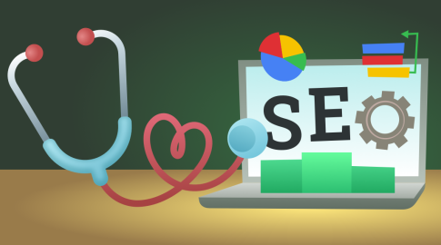 a medical stethoscope with heart-shaped tubing examining a laptop screen that displays the letters "SEO" alongside various data charts and a gear icon, symbolizing an SEO health check