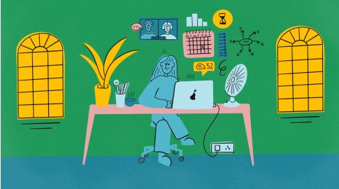 Illustration of a person sitting at a desk with a laptop, surrounded by objects including a potted plant, cup, pen holder, and desk fan. On the wall are two large windows, a calendar, charts, sticky notes, and digital communication icons, representing a busy project management environment. The background is green and blue with a casual, hand-drawn style.