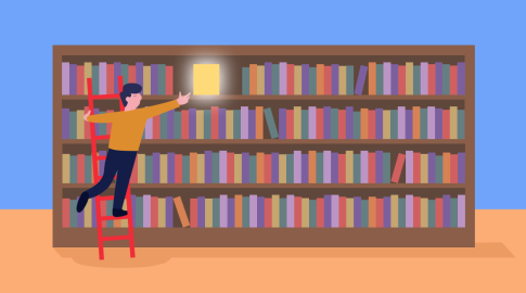 Illustration of a person standing on a red ladder reaching towards a glowing book on a large bookshelf filled with colorful books.
