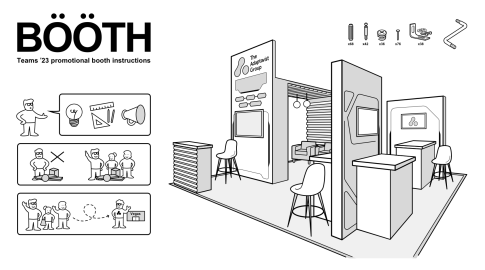 Black and white illustration of a trade show booth titled "BÖÖTH Teams '23 promotional booth instructions." The right side shows a 3D booth setup with seating, counters, and branded signage for "The Adaptavist Group." The left side has cartoon-style assembly instructions: a person sharing ideas, a group assembling together (not alone), and a team posing at a finished booth labeled "Vegas." The top right lists small hardware pieces and a tool needed for assembly.
