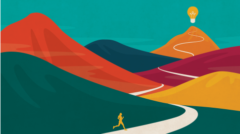 Illustration of a winding path through colorful hills with a small yellow figure running in the foreground and a glowing light bulb at the top of a distant hill, symbolizing a journey toward an idea or goal.