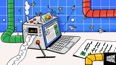 Cartoon illustration of a machine with a laptop screen displaying checkmarks, printing a jagged paper report. Colorful pipes, paper airplanes, and stars surround the scene. In the bottom right corner, the Brew Digital logo is visible.