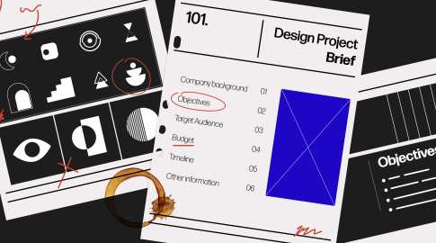Overlapping design documents styled in black, white, and blue, showing abstract icons, geometric shapes, and text like "Design Project Brief" and "Objectives." Red circles and underlines highlight certain words and icons; there’s a visible coffee cup ring stain on the paper.