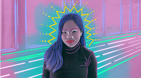 Digital illustration of a woman with long hair wearing a dark turtleneck, against a colorful abstract background with pastel pink, teal, and purple tones. Neon lines highlight her facial features and hair, and a jagged yellow halo with dots radiates behind her head.