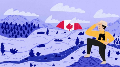 Illustration of a person in a yellow sweater and hat, holding binoculars, standing on a hill and looking toward a landscape of mountains, trees, and a large Canadian flag in the background.