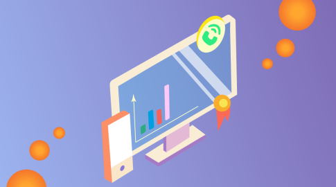 Illustration of a computer monitor displaying a bar graph with an upward arrow, a phone icon, and a ribbon badge, alongside a smartphone, on a purple background with orange spheres.