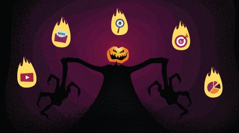 Dark, spooky illustration of a shadowy, clawed figure with a jack-o-lantern head, surrounded by five icons in flaming shapes: a news article, a magnifying glass, a target with an arrow, a YouTube play button, and a pie chart.