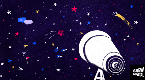 Illustration of a large white telescope aimed at a starry night sky filled with colorful stars, speech bubbles, target with arrows, checklist icons, flags, and a flying envelope; "Brew Digital" logo is in the bottom right corner.