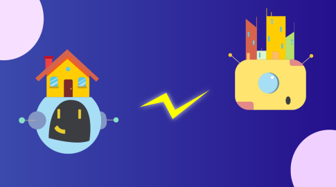 Two robot-like faces on a blue background: the left has a house on top, representing "in-house," and the right has buildings on top, representing "consultancy." A yellow lightning bolt is between them.
