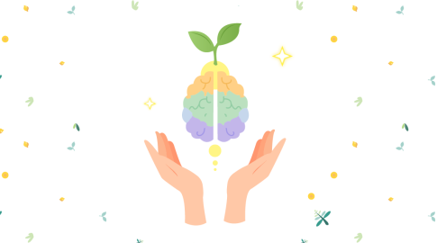 Two hands gently cupping a colorful brain with a green plant sprout growing from the top, surrounded by small decorative shapes and sparkles on a white background.