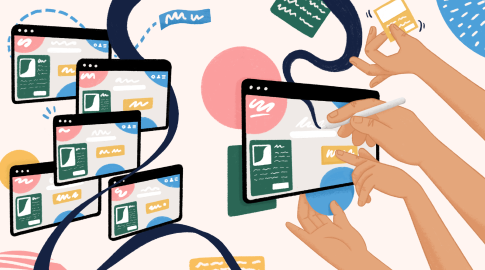 Illustration of multiple web browser windows connected by a dark blue line, with several hands editing, drawing, and interacting with the largest window. Abstract shapes and design elements are scattered in the background.