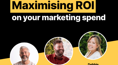 Promotional graphic for a Brew Digital live webinar titled "Maximising ROI on your marketing spend," featuring photos and titles of three speakers: Richard Harper (Head of Digital Marketing Services), Haydn Woods-Williams (Digital Marketing Team Lead), and Debbie Gacutan-Jardim de Oliveira (Senior Social Media Manager). The background is black and yellow with bold text highlighting key details.