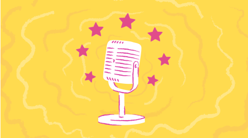 Illustration of a vintage-style microphone in white and pink, surrounded by six pink stars, on a yellow background with wavy line patterns.