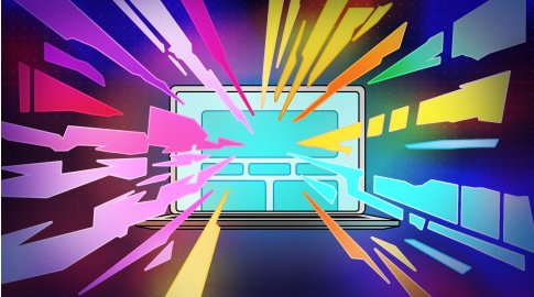 Abstract illustration of a laptop screen with colorful, angular shapes bursting outward in all directions, representing digital information or resources emerging from the device, set against a dark gradient background.
