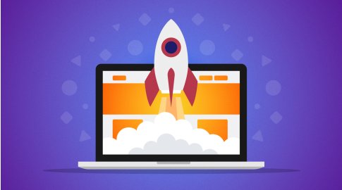 Illustration of a rocket launching from a laptop screen with clouds and orange web page elements, set against a purple background.