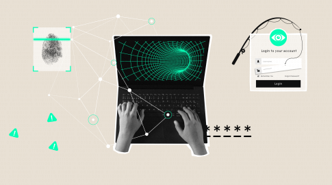 Collage showing hands typing on a laptop, a fingerprint being scanned, a login screen with a phishing hook, password asterisks, warning icons, and connecting lines, symbolizing cybersecurity risks.