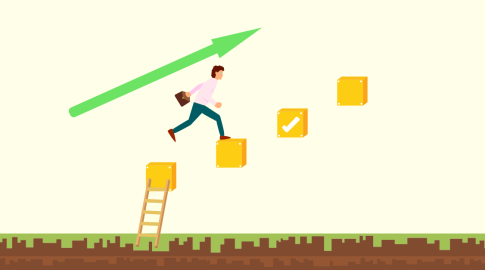 Illustration of a person holding a briefcase, climbing a ladder and jumping upward on yellow blocks, one with a checkmark, with a large green upward arrow in the background, symbolizing progress or growth.