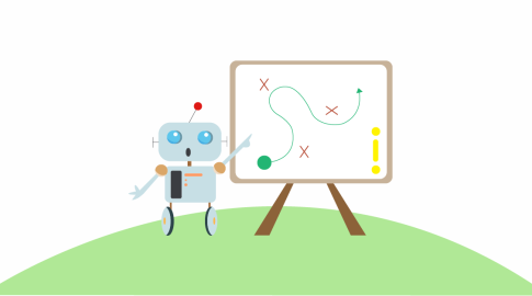 A cartoon robot on green grass points to a strategy board showing a winding path, red X marks, a green dot, and a yellow exclamation mark.