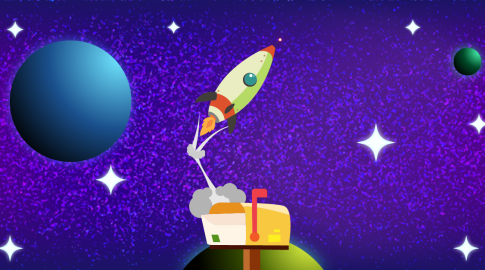 Cartoon rocket launching from a mailbox with smoke and fire, set against a starry purple space background with planets and stars.