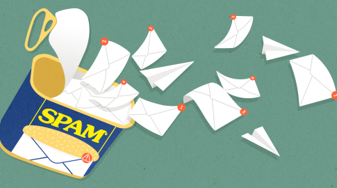 Illustration of a can labeled "SPAM" with its lid open, overflowing with white envelopes and paper airplanes, some marked with red notification bubbles, symbolizing spam emails.