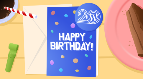 Illustration of a blue greeting card with colorful confetti that says "Happy Birthday!" A large button with "20" and the WordPress logo is on top of the card. Around it are a slice of chocolate cake on a pink plate, a cup of coffee with a red-and-white striped straw, an envelope, and a green party blower.